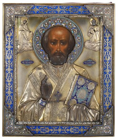 Pavel Ovchinnikov (1830-1888) (attr) "San Nicola benedicente" icona ad olio su tavola
