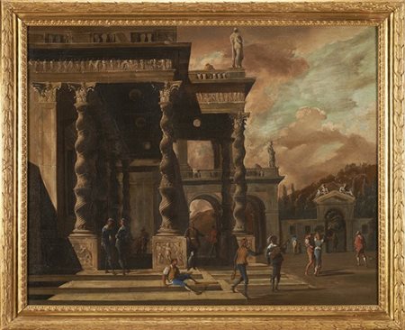 Viviano Codazzi e Domenico Gargiulo Capriccio con colonne tortili e figure
Olio