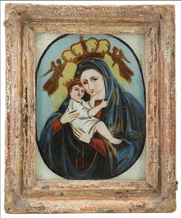 Arte del secolo XVII "Madonna con Bambino" verre peint (cm 18x22) In cornice (d