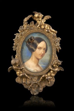 Maestro del secolo XIX "Ritratto di fanciulla" acquerello ovale su carta (cm 9,