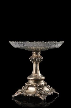 Alzata centrotavola con coppa in vetro decorata all'acido a elementi stilizzati