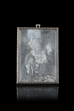 Mario Buccellati "Madonna con Bambino e committenti" miniatura incisa su lamina