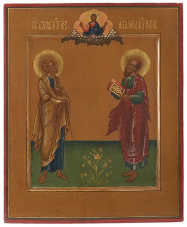 Arte russa, secolo XVIII/XIX "Santi Apostoli Pietro e Paolo con Cristo Pantocra