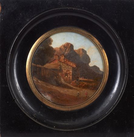 Scuola del secolo XIX "Paesaggi" gruppo di quattro fixé-sous-verre (d. max cm 1