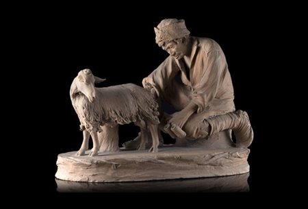 Giacomo Vaccaro (Caltagirone 1847-1931) "Pecoraio che munge pecora" gruppo in t