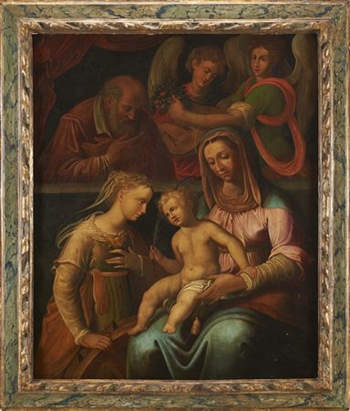 Scuola del secolo XVIISacra famiglia con santa Caterina d'Alessandria e angeli
