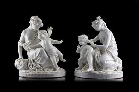 Manifattura francese, secolo XIX. Due gruppi in porcellana raffiguranti "Le Pet