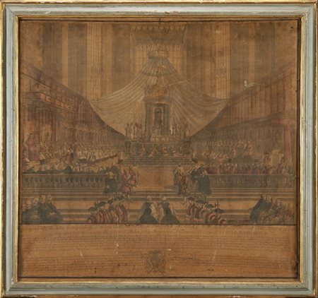 Coppia di antiche incisioni acquerellate applicate su tela raffiguranti Cerimon