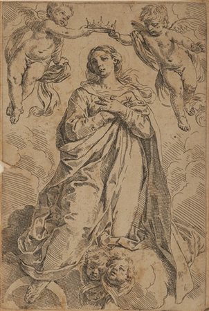 Simone cantarini Incoronazione della Vergineacquaforte incollata agli angoli su