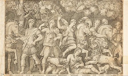 Marcantonio Raimondi Caccia al leone
bulino mm 260x446 incollato ai lati su supp