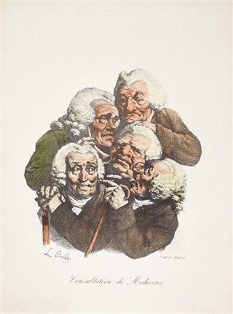 Due riproduzioni a colori di caricature di Boilly: 

Consultation de Medecins;
