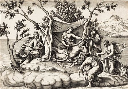 Diana Scultori Ghisi (Mantova 1547 - Roma 1612) Latona partorisce Apollo e Diana bulino mm 254x372 incollato sul l