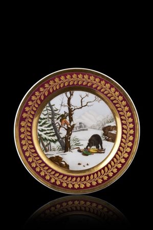 Manifattura francese, secolo XIX. Piatto in porcellana dipinta in policromia, c