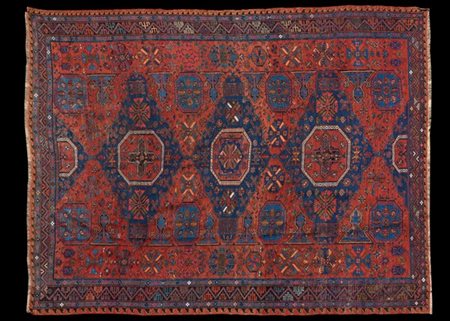 Tappeto Soumak, Caucaso, inizio secolo XX. Decoro con tre medaglioni romboidali