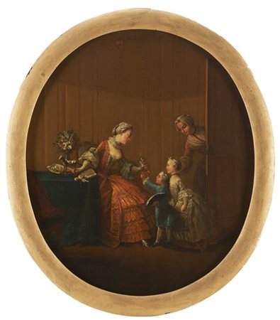 Maestro del secolo XVIII

Scena d'interno
Olio su tela ovale, cm 82,5x70
In cor