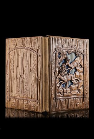 Portadocumenti in legno intagliato a paesaggio con camosci. Foresta nera, fine