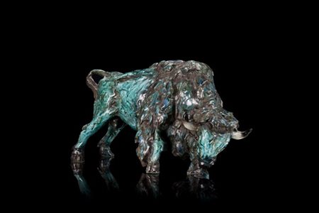 Giuseppe Tagliariol "Bisonte" scultura in terracotta smaltata azzurro e bruno so