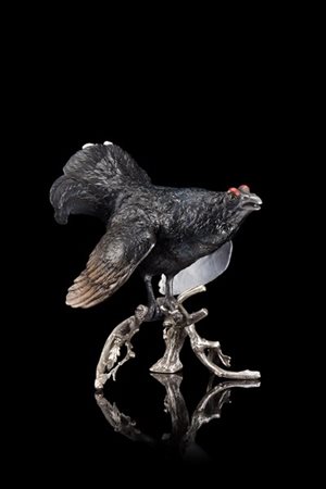 "Gallo forcello" scultura in argento e smalti. Titolo 800. Argentiere Miracoli
