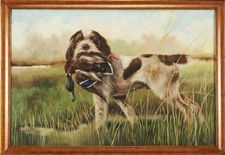 Mario Norfini "Bracco con anitra" olio su tela (cm 80x120) firmato in basso a s