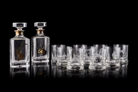 Due bottiglie in vetro decorate a stambecco e capriolo con ghiere in argento un