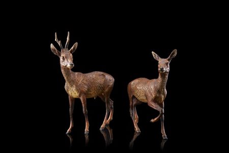 Manifattura austriaca "Caprioli" coppia di sculture in bronzo dipinto in policr