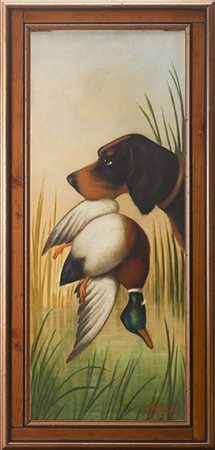 Michelangelo Meucci "Cani con prede" 1907 coppia di oli su tela (cm 100x40) fir