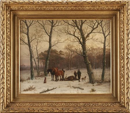 Caesar Bimmermann "Battuta di caccia" 1887, olio su tela (cm 63x77,5) Firmato e