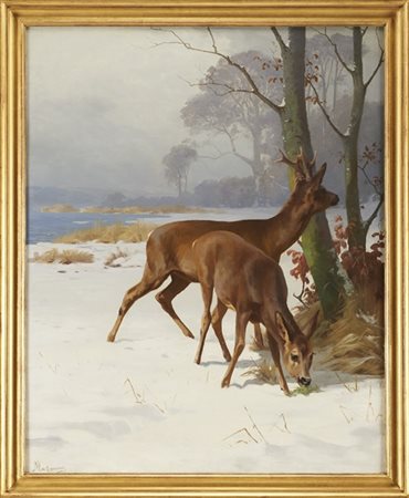 Adolf Heinrich Mackeprang "Caprioli" olio su tela (cm 98x79) Firmato in basso a