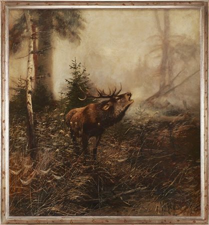 Christian Johann Kroner "Cervo in un paesaggio" olio su tela (cm 140x150) (rest