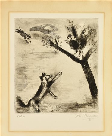 Marc Chagall LE COQ ET LE RENARD acquaforte su carta Montval, cm 28,5x24,5,...