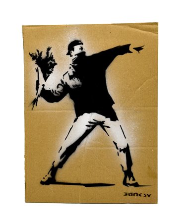 Banksy FLOWER THROWER sprayed stencil graffiti su cartone, cm 28,5x21,2; es....