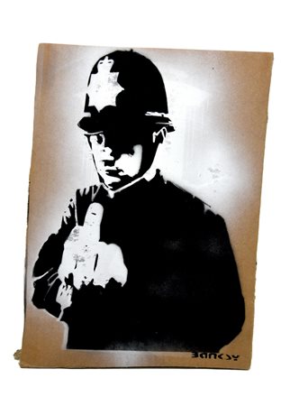 Banksy RUDE COPPER sprayed stencil graffiti su cartone, cm 29,5x21; es. 6/50...