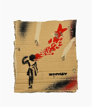 Banksy BUTTERFLY GIRL SUICIDE sprayed stencil graffiti su cartone, cm 30x26,5...