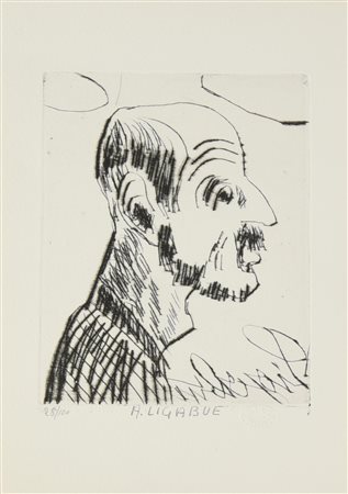 Antonio Ligabue FIGURA DI PROFILO puntasecca, cm 15,5x12,5 su foglio 23,5x17;...