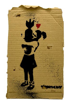 Banksy BOMB HUGGER sprayed stencil graffiti su cartone, cm 36,5x22 sul retro:...