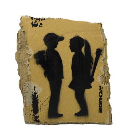 Banksy BOY MEETS GIRL sprayed stencil graffiti su cartone, cm 30,5x26 sul...