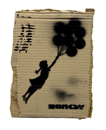 Banksy FLYING BALLOON GIRL sprayed stencil graffiti su cartone, cm 31x24 sul...