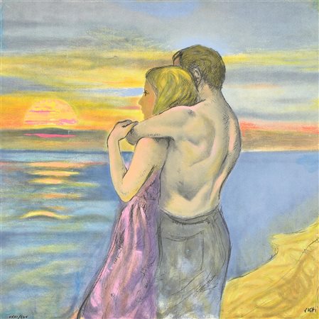 Alberto Sughi IL SOLE E IL MARE E GLI INNAMORATI serigrafia su tela ritoccata...