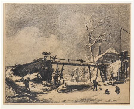 Gustave-Marie Greux (Parigi 1838-Anversa 1919)  - Paesaggio invernale con ponte in legno, da Philip Wouwerman