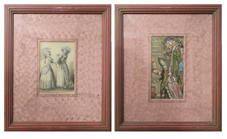 Coppia di stampe raffiguranti abiti femminili e costumi del tempo, 19°  secolo