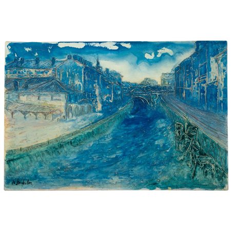 GIACOMO DE MICHELIS, Uno scorcio del Naviglio, Olio su tela