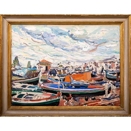 GIULIO D'ANGELO 
Barche di Aci Trezza, Olio su tela