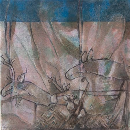 NEVIO BEDESCHI (Faenza 1935) "Mito rupestre c", 1994. Olio e tecnica mista su...