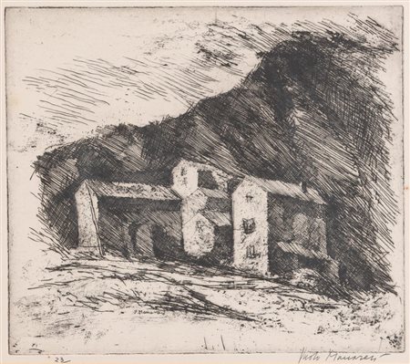 PAOLO MANARESI (Bologna 1908 - 1991) "Case sotto il calanco", 1958. Incisione...