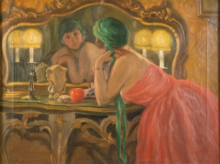 BRUNO BURATTINI (Ancona 1889 - Bologna 1965) "Allo specchio". Olio su tela....
