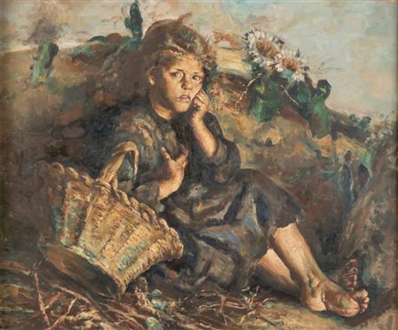 GARZIA FIORESI (Vigevano 1898 - Bologna 1968) "Bambina col cesto". Olio su...