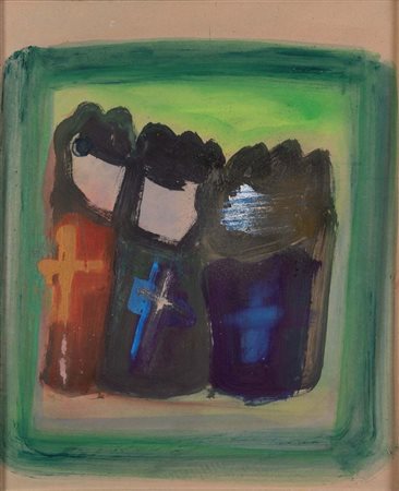 CESARE ZAVATTINI (Luzzara 1902 – Roma 1989) "Tre preti", 1975. Olio su...