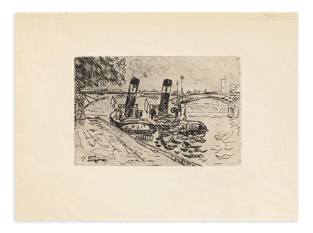PAUL SIGNAC (1863-1935) - Paris: le Pont des Arts avec remorqueurs, 1927