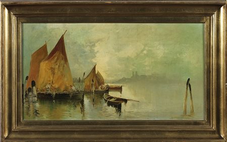 ANONIMO Imbarcazioni in una laguna. Olio su tavola. Cm 56,00 x 30,00. ....