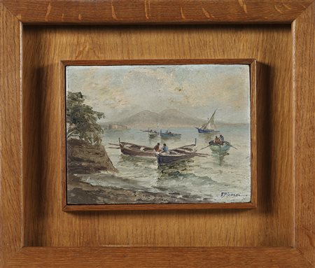 ANONIMO Imbarcazioni in golfo marino. Olio su tavola. Cm 20,00 x 15,00....